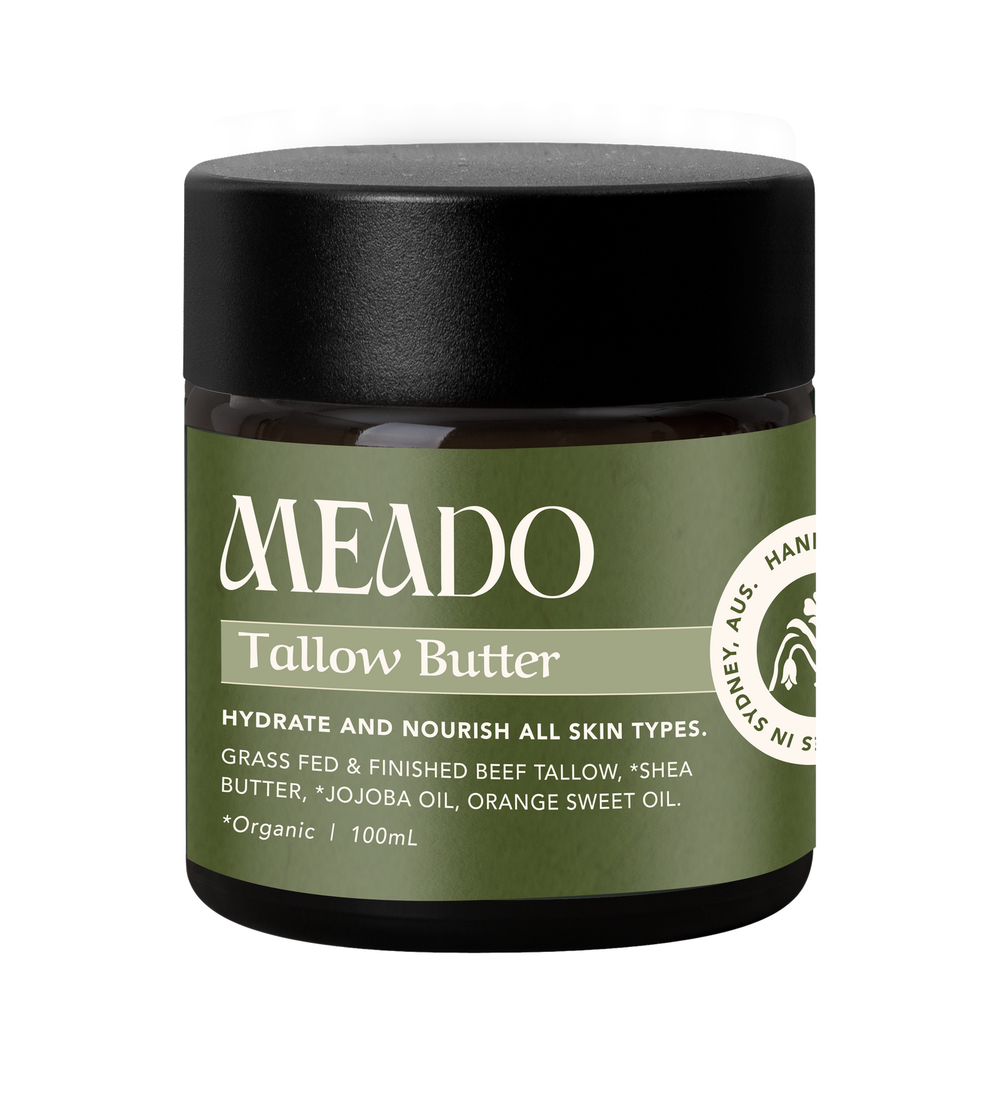 Glass jar of whipped tallow body butter with simple white label, showing creamy, fluffy texture of natural beef tallow skincare for deep hydration.